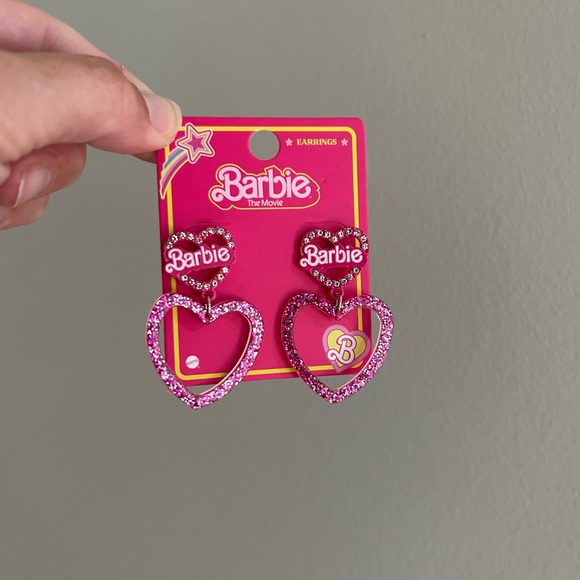 NWT Barbie the Movie Pink Glitter & Crystal Heart Earrings - Picture 4 of 9